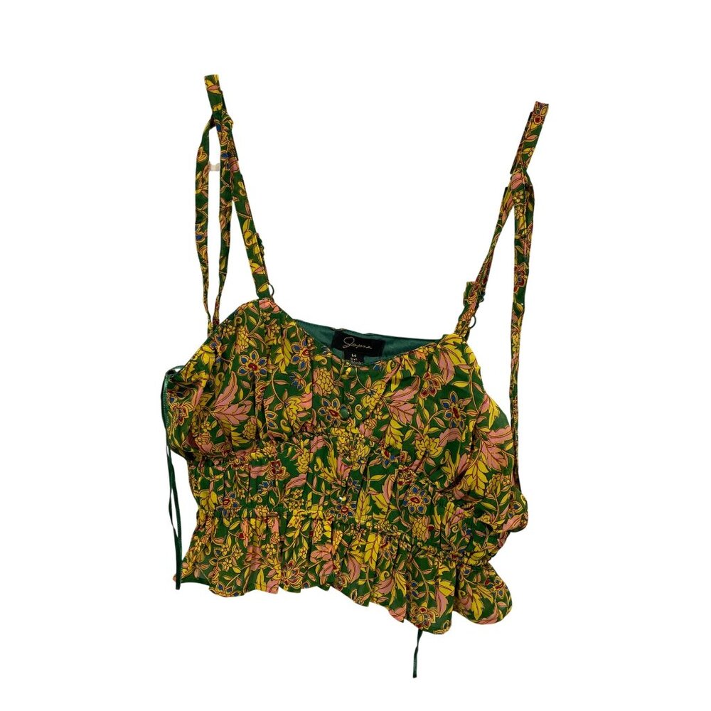 Japna Sleeveless Floral Crop Top Size Medium Ruffle Green Yellow Boho Hippie NEW